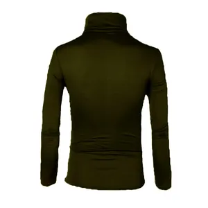 Detailed back view of a men's slim-fit casual dark olive green turtleneck knit sweater