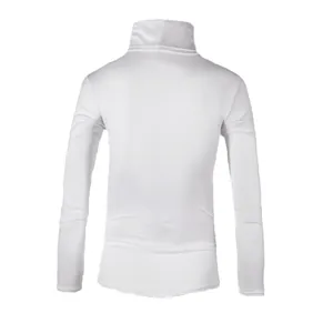Rear view of white turtleneck slim fit sweater for men, focusing on back tailoring