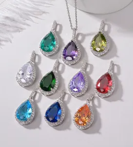 Close-up detail showing ten vibrant colors of teardrop zircon pendants with halos
