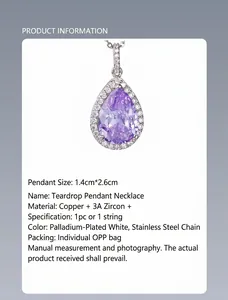 Detailed specs for teardrop pendant necklace with purple zircon and steel chain