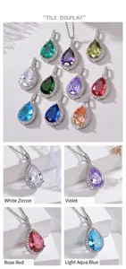 Detailed selection of colorful waterdrop zircon pendants with silver stainless steel chain
