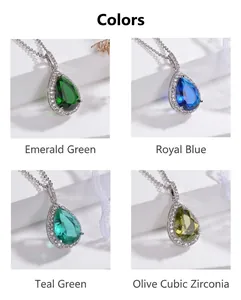 Detailed view of waterdrop zirconia necklaces in emerald, blue, and green colors.