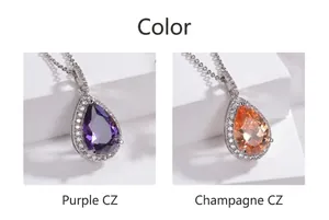 High-quality teardrop zircon pendants shown in elegant purple and champagne colors