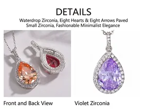Detailed macro view of pear-shaped zircon necklaces in violet, orange and red tones