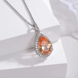 Elegant orange pear-shaped zircon pendant necklace with stainless steel link chain for women