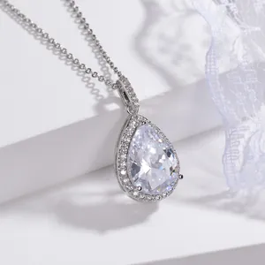 Elegant silver water drop pendant necklace with clear zircon and stainless steel chain