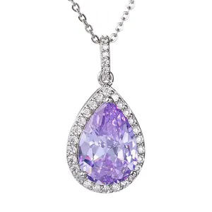 Elegant purple teardrop zircon pendant necklace with durable stainless steel chain