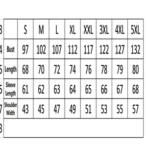Detailed clothing size guide table showing bust, length, sleeve, and shoulder measurements.