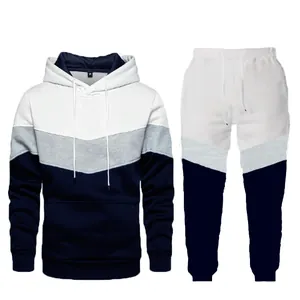 Men's stylish tri-color block hoodie and sweatpants set in navy blue, grey, and white
