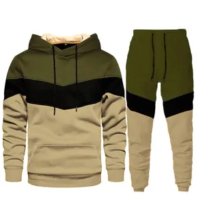 Men's olive green and beige color-blocked hooded tracksuit set with kangaroo pocket