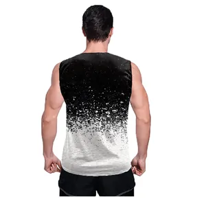 Back view of men's sleeveless tank top with black and white gradient splatter print