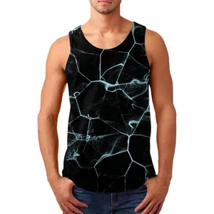 Detailed view of men's sleeveless black tank top with 3D blue crackle graphic print