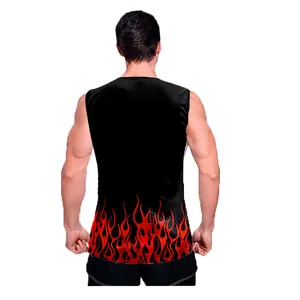 Back view of a men's black athletic tank top featuring a red flame print design.