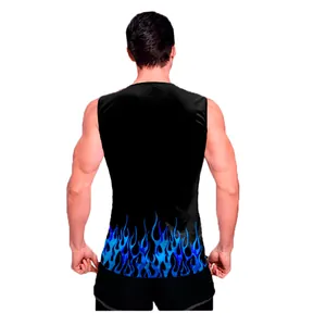Back view of men's athletic tank top featuring a striking blue flame 3D print on black