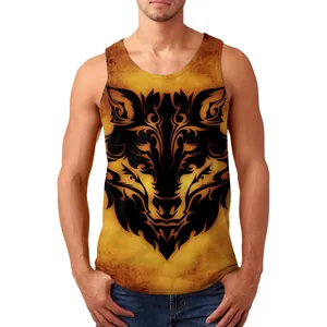 Detailed view of men's sleeveless tank top featuring a bold 3D tribal wolf graphic