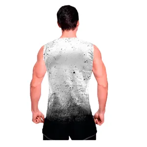 Detailed back view of men's sleeveless sports tank top featuring a 3D distressed print
