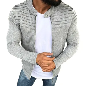 Detailed view of grey men's outdoor casual jacket featuring unique pleated shoulder panels