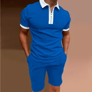 Men's blue slim fit short sleeve zipper polo shirt and matching shorts set with white trim