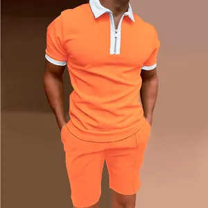 Men's bright orange slim fit polo shirt and shorts set with white zipper collar detail