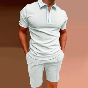 Men's slim fit short sleeve polo shirt and matching shorts set with zipper lapel collar