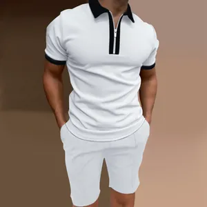 Men's slim fit short sleeve zipper polo shirt and shorts set in white with black trim