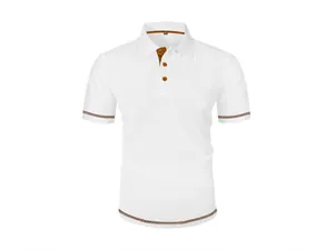 White mesh ice silk polo shirt for men with contrast brown trim detailing