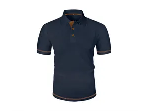 Close-up of a navy mesh ice silk polo shirt with brown button and trim details