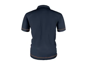 Detailed back view of men's navy blue mesh ice silk polo shirt with brown stripe accents