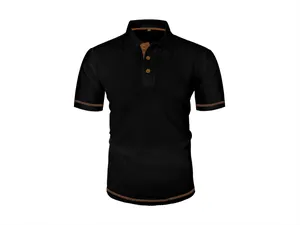 Close-up of black mesh ice silk men's polo shirt with brown accents