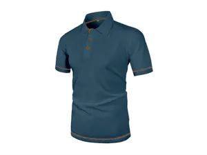 Close-up of waffle textured teal polo shirt with brown contrast trim and shirt collar