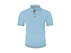 Detail view of light blue mesh ice silk men's polo shirt featuring premium textured fabric