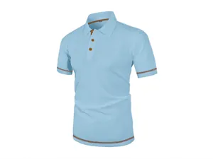 Detailed view of a light blue mesh polo shirt with brown button accents