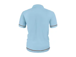 Back view of light blue mesh ice silk polo shirt with contrast stripe trim details
