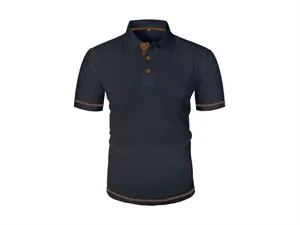 Navy blue men's ice silk polo shirt with mesh texture and brown accents
