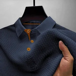 Premium men's navy blue ice silk polo shirt with breathable mesh waffle texture