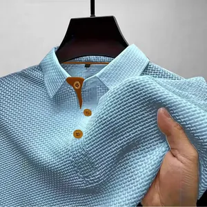 Men's light blue ice silk polo shirt with breathable mesh texture and shirt collar