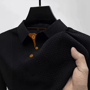 Men's ice silk polo shirt featuring premium mesh texture and stylish orange buttons.