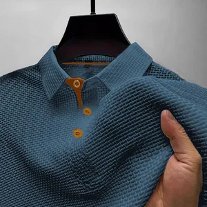 Premium men's navy blue mesh ice silk polo shirt with high-stretch textured fabric