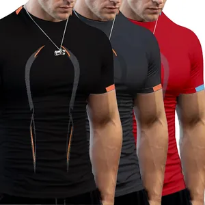 3er-Pack Herren Kompressions-Fitness-T-Shirts, schnelltrocknend in Schwarz, Grau und Rot