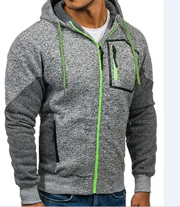 Felpa da uomo in pile grigio melange con cappuccio e vivaci accenti verde neon