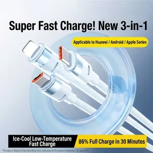 120W 3-in-1 Fast Charging Cable Nylon Braided USB To Type-C Lightning Micro USB Charger Wire For Mobile Phones Blue Black