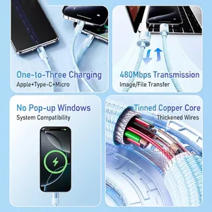 Blue braided 3-in-1 fast charging cable with 120W power delivery and tinned copper core