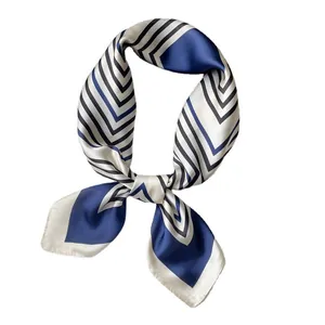 Elegant 70cm navy blue and white striped silk-like square scarf for women neckerchief