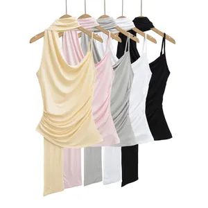Women Halter Neck Draped Cami Top Asymmetric Ruched Slim Fit Viscose Tank Top Summer Sleeveless Plain Design Vest
