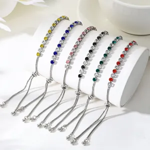 Detailed view of six adjustable colorful cubic zirconia slider bracelets on white display