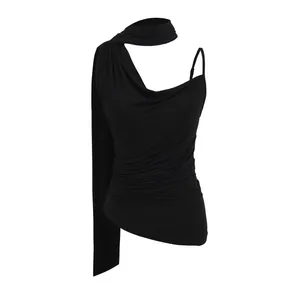 Chic black halter camisole with asymmetric long sash and draped waist detail