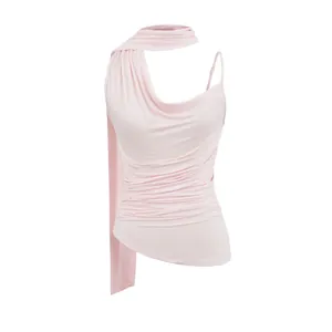 Elegant pink halter neck camisole with asymmetric draped design and soft pleats detail