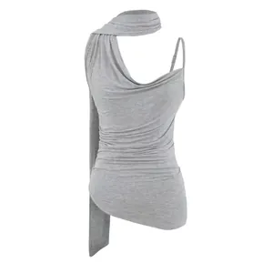 Grey one-shoulder halter top with a stylish draped scarf neckline detail back view