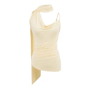 Elegant cream yellow draped halter camisole with decorative sash detail for women