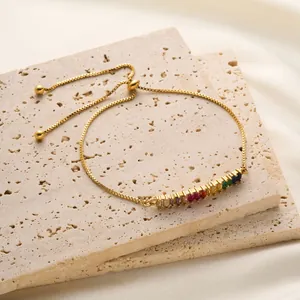 Elegant gold-plated adjustable box chain bracelet with colorful square cubic zirconia